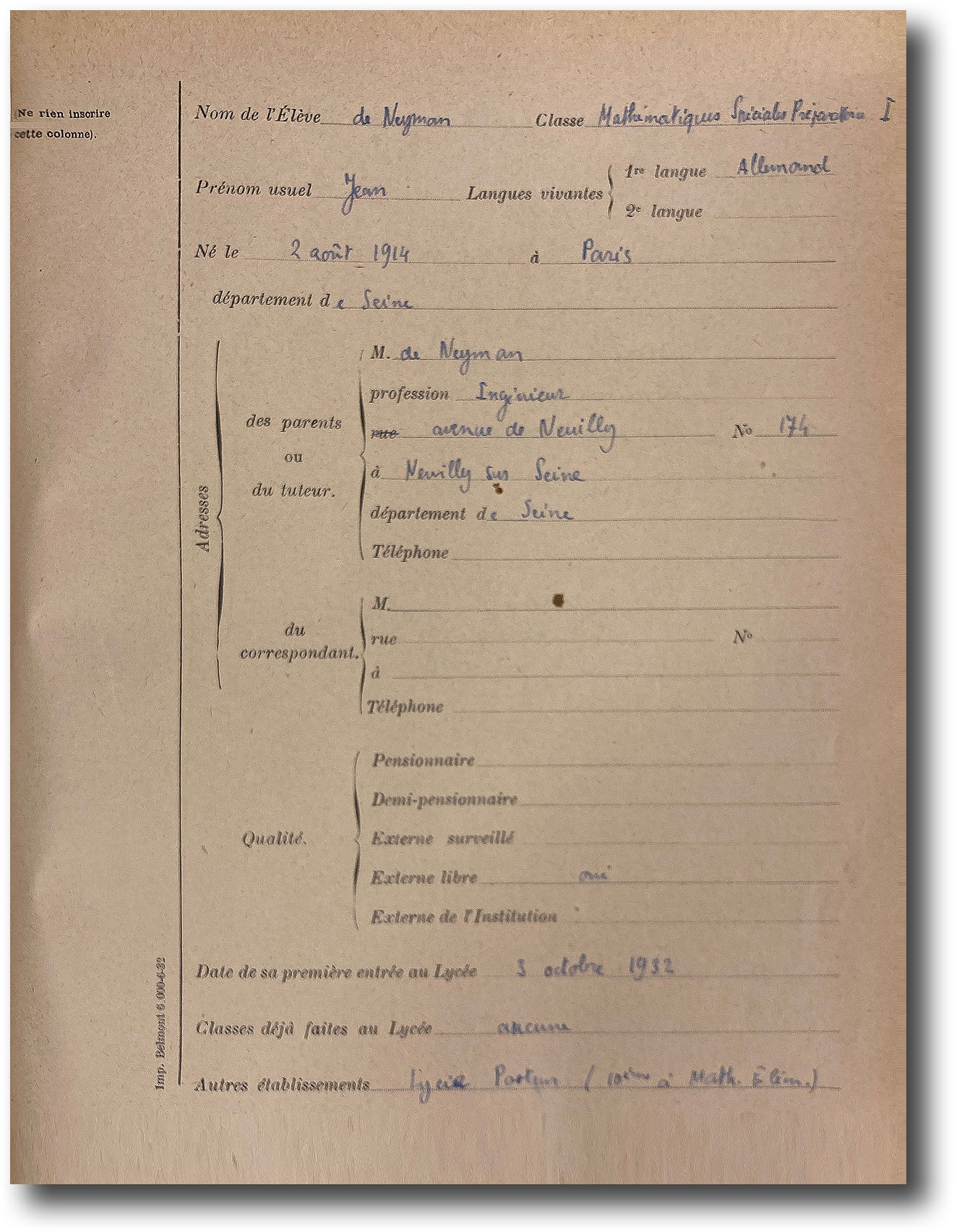Bulletin d'inscription de Jean au lycée Janson de Sailly