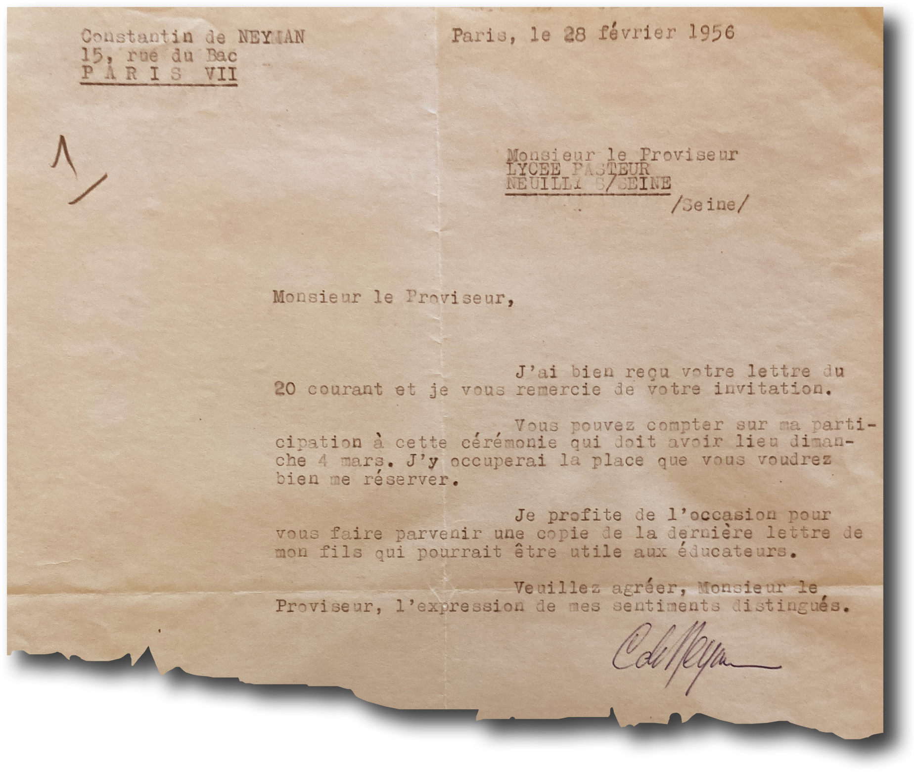 Lettre de Constantin de Neyman au proviseur du lycée Pasteur, datée du 28 février 1956.