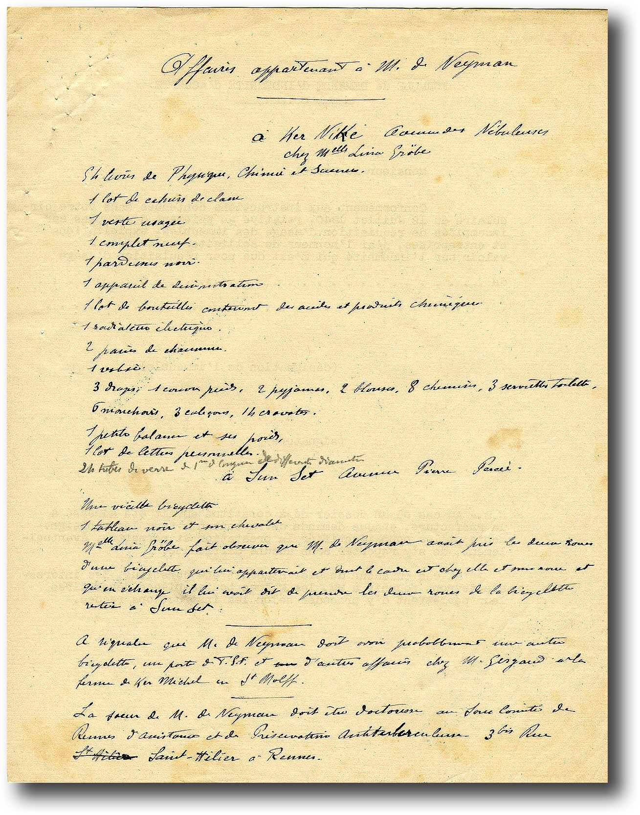 Liste manuscrite des derniers effets de jean à la Villa Niké