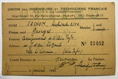 Carte de membre <p>Union des ingénieurs et techniciens français - 1946</p>Archives départementales de Loire-Atlantique (cote 222 J 1) - Collectif <acronym title="Jean de Neyman">J.d.N.</acronym>