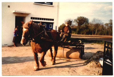 <p>à Kerlavy-en-Guérande, en 1975, chez son fils Marcel. Joseph avait conservé sa charrue après l'arrêt de son travail à la ferme à Bissin (en arrière plan : Martine Sabel).</p>© Fonds Martine Gergaud - Collection [P.M.->33] - 020