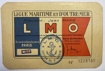 Carte de membre <p>Ligue maritime et d'Outre-Mer - 1955</p>Archives départementales de Loire-Atlantique (cote 222 J 1) - Collectif <acronym title="Jean de Neyman">J.d.N.</acronym>