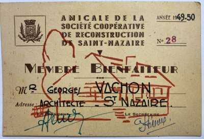 Carte de membre bienfaiteur 1949-1950 <p>Amicale de la Société coopérative de reconstruction de Saint-Nazaire</p>Archives départementales de Loire-Atlantique (cote 222 J 1) - Collectif <acronym title="Jean de Neyman">J.d.N.</acronym>