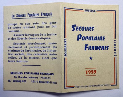Carte de membre <p>Secours Populaire Français - 1959</p>Archives départementales de Loire-Atlantique (cote 222 J 1) - Collectif <acronym title="Jean de Neyman">J.d.N.</acronym>