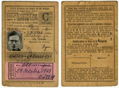 Carte <acronym title="Société Nationale des Chemins de Fer Français">S.N.C.F.</acronym> <p>Nantes <-> La Baule 1943</p>© Fonds Dominique de Neyman - Collection <acronym title="Patrice Morel">P.M.</acronym> (conservée au Musée de la Résistance nationale à Champigny.