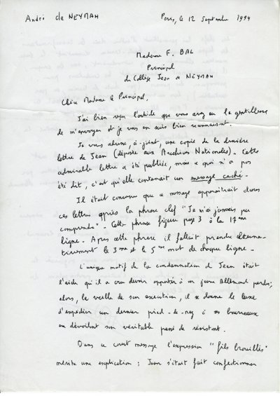 Lettre d'André de Neyman <p>Voir article consacré à la dernière lettre de Jean.</p>© Fonds Dominique de Neyman - Collection <acronym title="Patrice Morel">P.M.</acronym> (conservée au Musée de la Résistance nationale à Champigny.